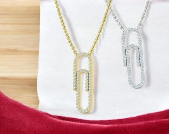 14K Solid Gold Paperclip Necklace with Diamonds, Diamond Paperclip Necklace for Her, Unique Paperclip Diamond Necklace, Gift for Her