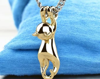 14k Solid Gold Hanging Cat Pendant, 14k Solid Gold Cat Pendant, Hanging Cat Necklace, Unique Cat Necklace for Her, Cat Necklace Gift for Her
