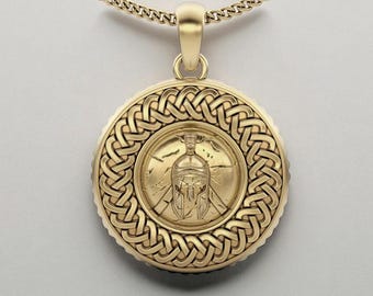 Colgante de escudo de Espartaco macizo de 14k/18k, colgante de escudo de oro de 26 mm de diámetro, colgante unisex de Espartaco con escudo y casco de oro.