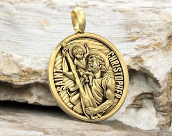 Colgante de San Cristóbal de oro macizo de 14 k, colgante de San Cristóbal ovalado, colgante de San Cristóbal Protégeme, colgante de San Cristóbal unisex
