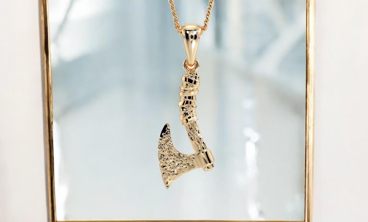 14K Solid Gold Axe Pendant, Unisex Gold Axe Pendant, Unique Double Sided Axe Gold Pendant, Gift for Him, Valentine's Day Gift for Him