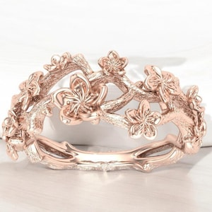14k Solid Gold Sakura Tree Design Ring, Sakura Gold Ring, Sakura Design Statement Ring for Her, Gift for Her