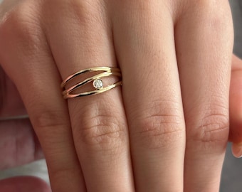 14k Solid Gold 3 Wave Diamond Ring,  Wave Diamond Ring for Her, Wave Gold Ring, Diamond Statement Ring with 3 Row, Diamond Ring