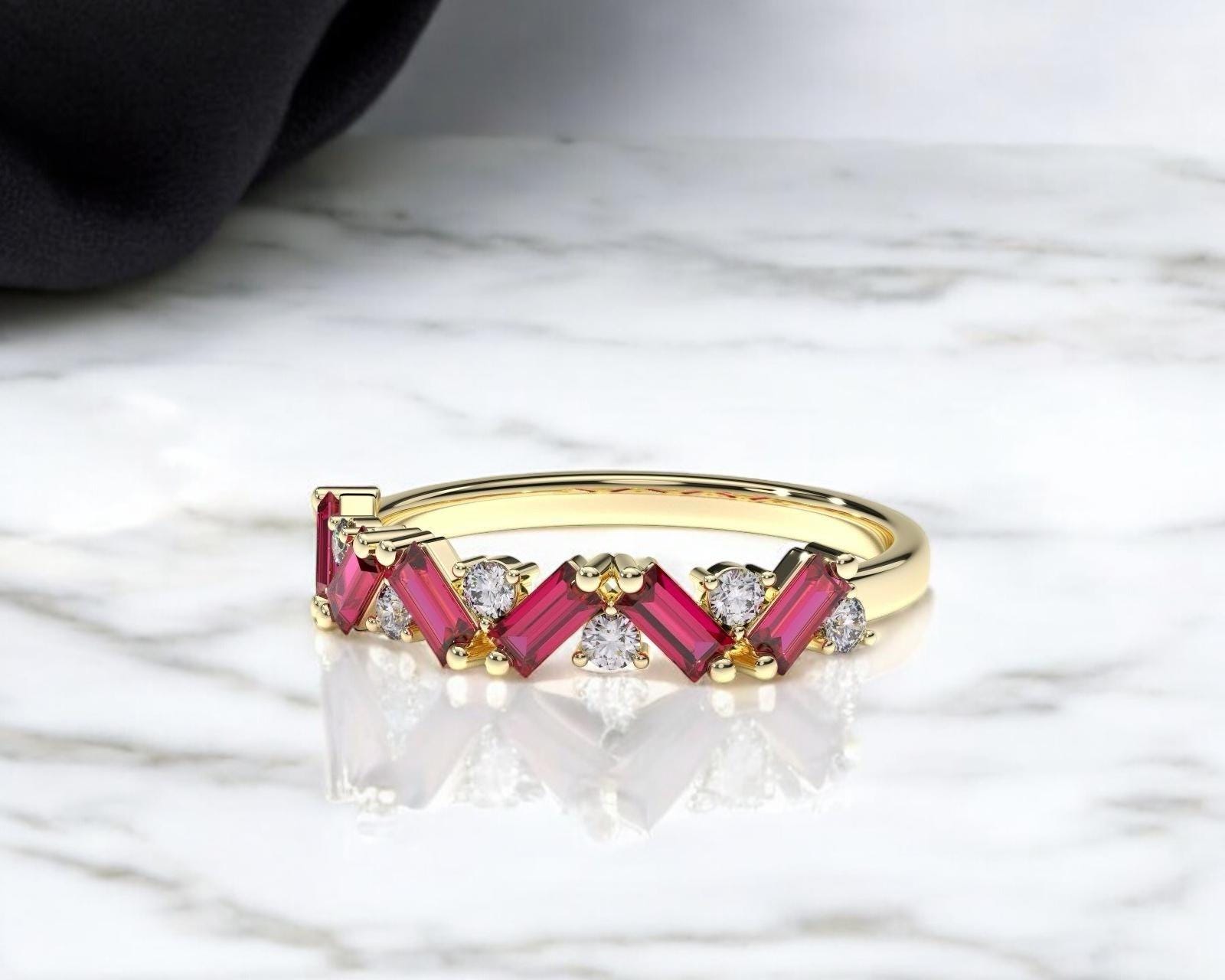14k Solid Gold Ruby Baguette and Round Lab Diamond Ring, Baguette Ruby ...