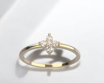 14K Solid Gold Dainty 5 Diamond Ring, Minimalist Diamond Ring, Dainty Diamond Ring, Thin Diamond Gold Ring, Stacking Ring, Minimalist Ring