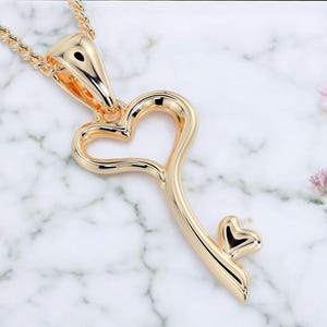 14K Solid Gold Heart Key Pendant, Hey Pendant with Heart, Unique Heart Design Pendant on Key, Gift for Her, Valentine&#39;s Day Gift for Her