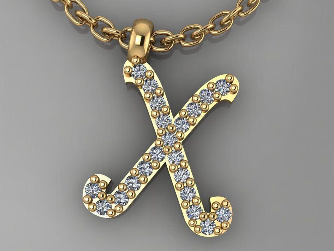 14K, 18K Solid Gold Diamond Initial X Necklace, Diamond Personalized ...