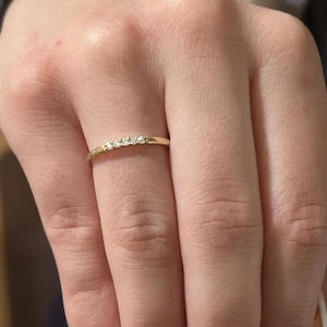 14k Solid Yellow Gold Thin 5 Diamond Ring, Dainty Solid Gold, 1.80mm Minimalist Diamond Ring, Diamond Stackable Ring Wedding Band, Her Gift