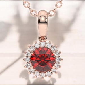 14K Solid Gold Ruby Center Halo Necklace, 1CT Ruby Necklace for Her, Ruby Necklace with Diamonds, Classic Halo Diamond Necklace, Her Gift