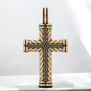 14k Solid Gold Rope Cross Black Diamond Pendant, 3 Grams Gold Double Row Rope Design Cross Pendant with Black Diamonds, Unisex Cross as gift