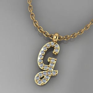 14K, 18K massivt guld diamanthalsband med initial G, personlig diamantinitial, kursivt diamantinitialhalsband, hänge med bokstaven G, initial G