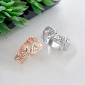 14k Solid Gold Feather Ring, Feather Statement Ring, Open End Feather Ring for Her, Gift for Her