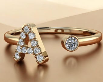 14k Solid Gold Initial Diamond Ring, A to Z Letter Diamond Ring, 14k Solid Gold Initial Letter Ring, Initial Dainty Gold Ring, Gift for Her