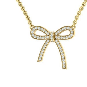 14k Solid Gold Diamond Bow Necklace, Bow Necklace with Diamonds, Gift for Her
