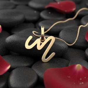 May include: A gold-colored pendant necklace with the letter "M" in a cursive font. The necklace rests on black stones, with red rose petals scattered around it. The background is blurred, focusing on the jewelry.