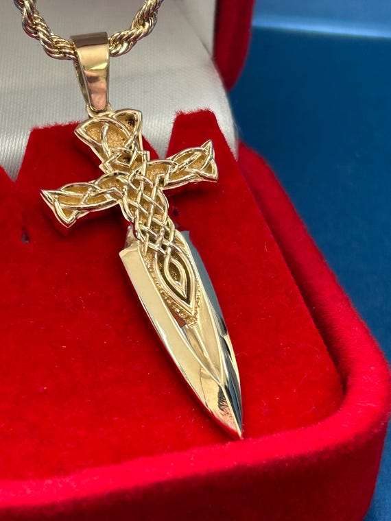 14k/18k Solid Gold Celtic Cross Sword Pendant, Gold Sword Pendant