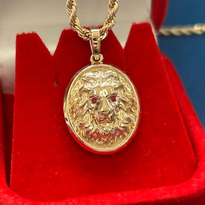 14K ソリッド ゴールド オーバル シェイプ ライオン ペンダント ルビー アイ付き、7.75 グラム ゴールド ライオン ペンダント、ユニークなルビー アイ ライオン ヘッド ペンダント、ゴールド 怒ったライオン ヘッド