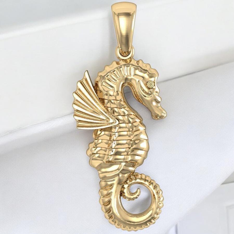 14k Solid Gold Seahorse Pendant, Unisex Stylish Seahorse Pendant