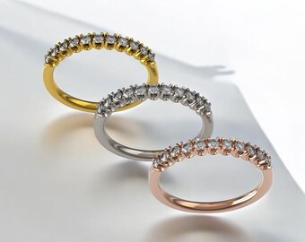 Alianza de bodas de oro macizo de 14 quilates con 11 diamantes, anillo de diamantes delicados de media eternidad, banda de diamantes para el primer aniversario para ella, anillo de diamantes de laboratorio, regalo para ella