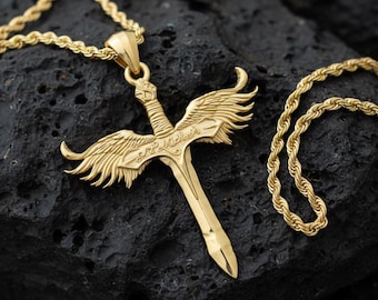 14K Solid Gold St Michael Sword Pendant Protection Necklace Unisex Religious Jewelry