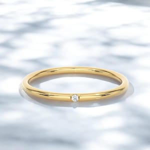 14k Solid Gold Single Diamond Ring, Dainty Diamond Ring for Her, Thin Single Diamond Wedding Band, Minimalist Thin Diamond Ring, Her Gift