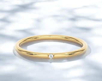 14k Solid Gold Single Diamond Ring, Dainty Diamond Ring for Her, Thin Single Diamond Wedding Band, Minimalist Thin Diamond Ring, Her Gift
