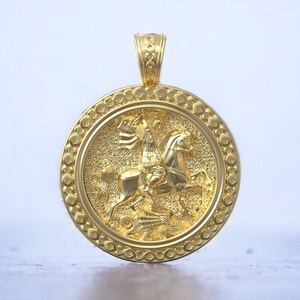 14k Solid Gold Saint George Pendant, St George Dragon Hunter Pendant, Protection Pendant, Round St George Gold Pendant 24mm, Gift for Her