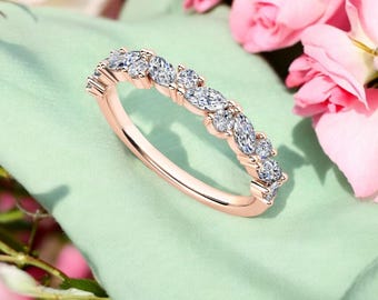 Lab Grown Half Eternity Diamond Band Marquise Round Diamond Wedding Band Real CVD Diamond  for Bridal Gift Anniversary Ring Stacking Band