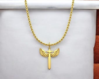 14k Solid Gold St Michael Sword Pendant, Gold Saint Michael Sword Pendant, Unisex St Michael Protection Pendant, Sword St. Michael Necklace