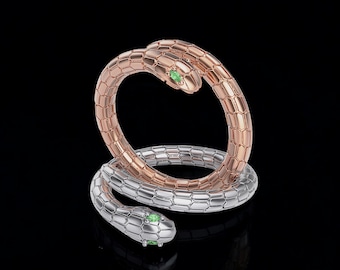 14k Solid Gold Snake Ring with Emerald Eyes, Snake Ring, Statement Ring for Women, Dainty Serpent Ring, Snake Wraparound Ring for Her