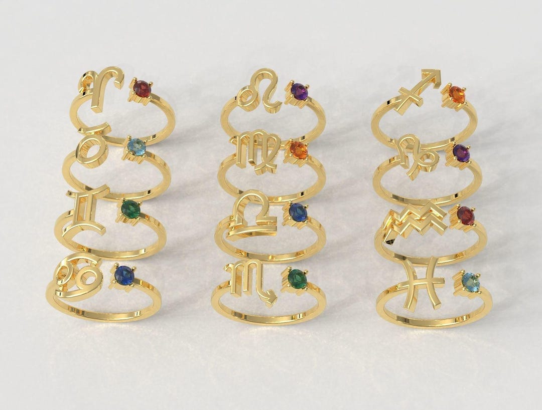 14k Solid Gold Personalized Zodiac Sign Birthstone Ring, Horoscope ...
