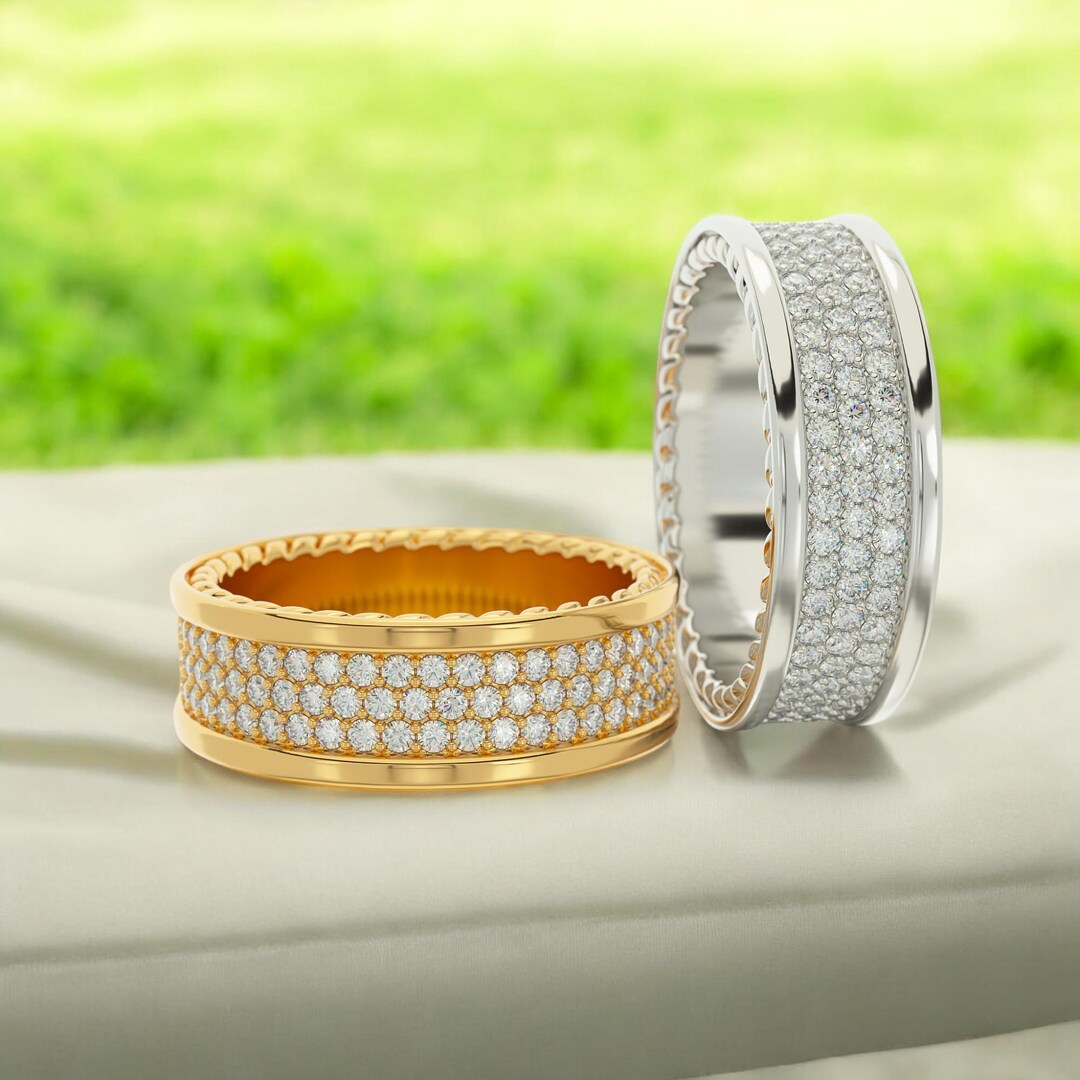 3 Row Diamond Eternity Wedding Band, 14k Solid Gold Diamond Eternity ...