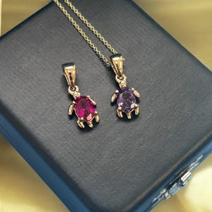 Op de afbeelding: Twee gouden schildpadkettingen met edelsteenaccenten. De ene ketting heeft een rode edelsteen en de andere een paarse edelsteen. De kettingen worden gepresenteerd in een zwarte fluwelen doos.