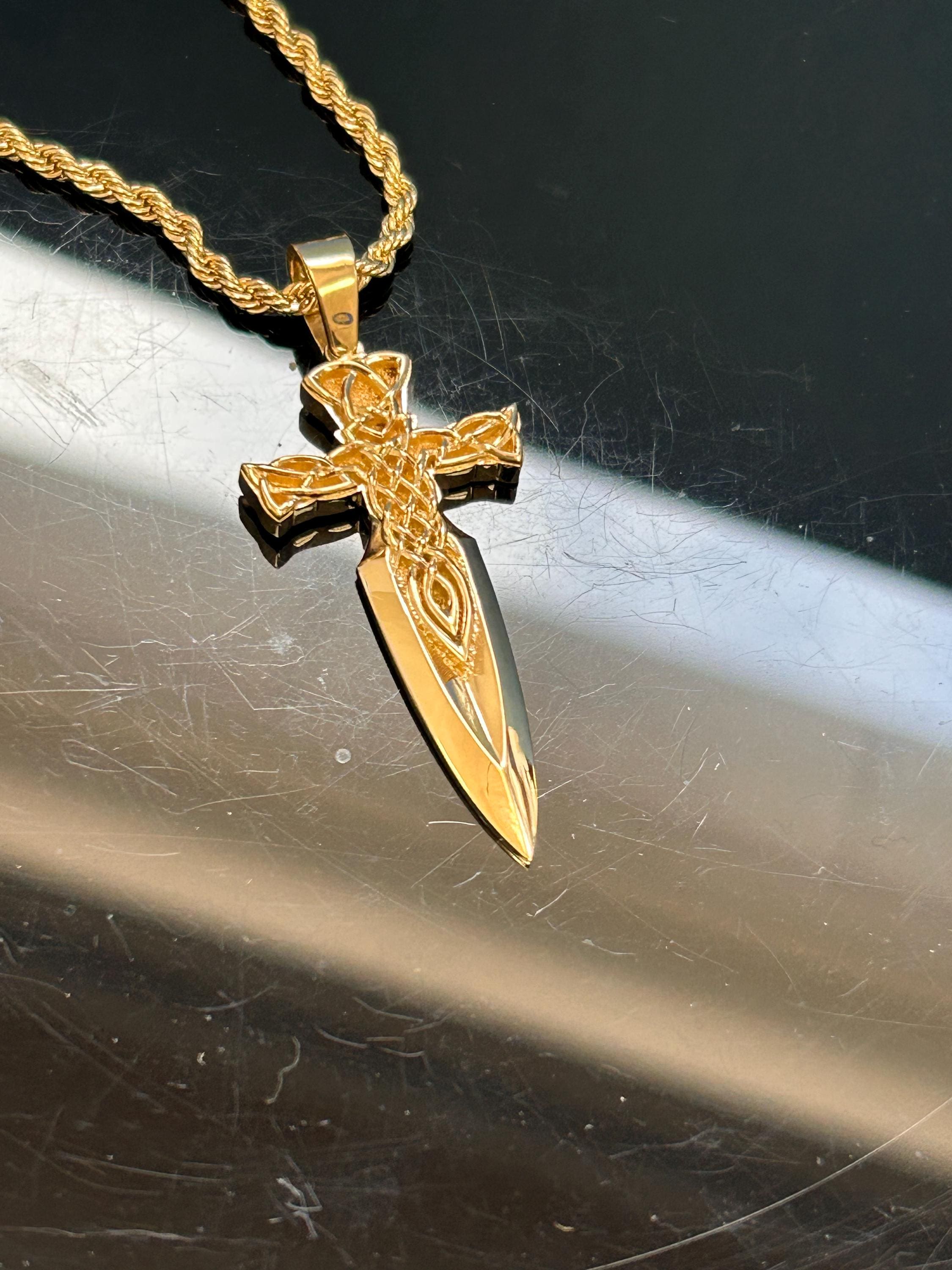 14k/18k Solid Gold Celtic Cross Sword Pendant, Gold Sword Pendant