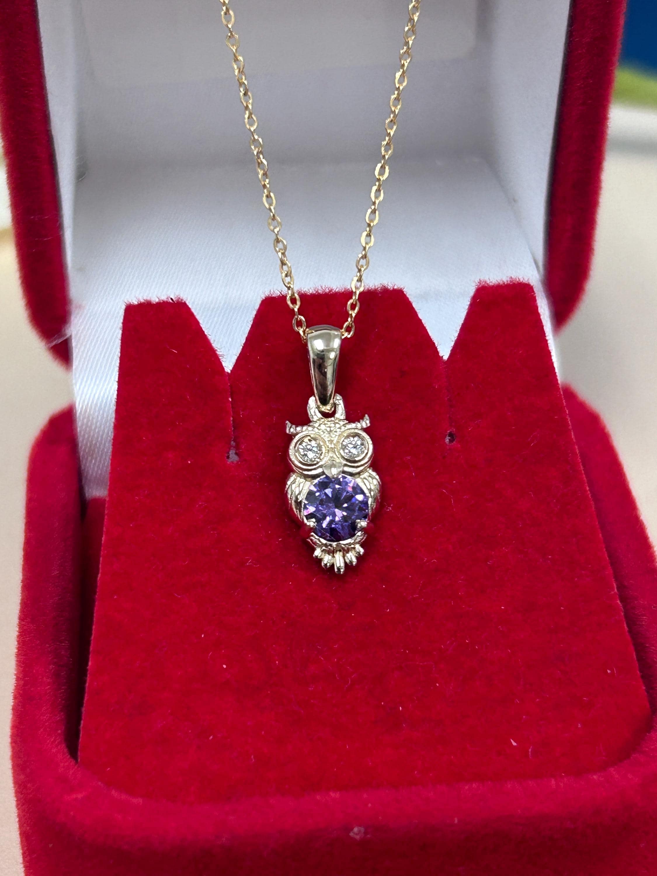 14k Solid Gold Owl Necklace with Birthstone, Personalized Birthstone Owl Necklace for Her, Gold Owl 