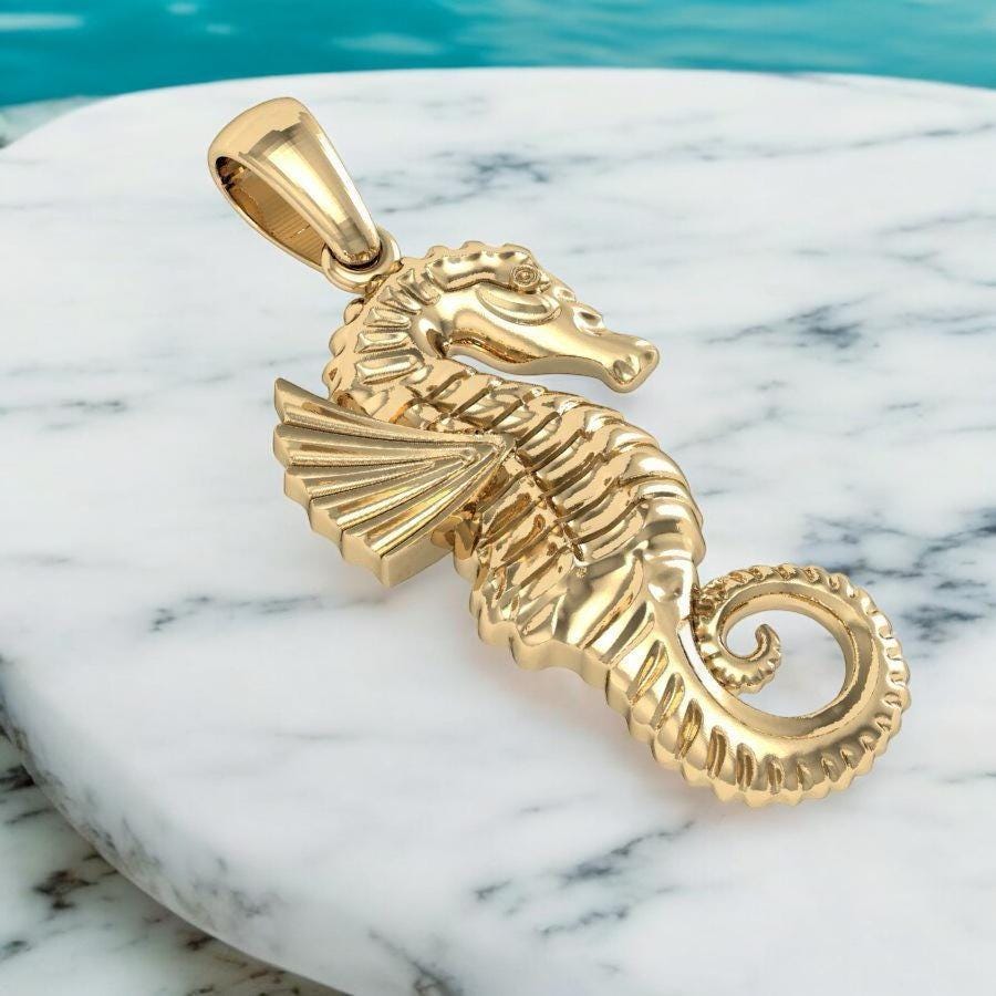 14k Solid Gold Seahorse Pendant, Unisex Stylish Seahorse Pendant