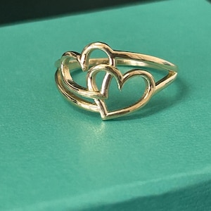 14k Solid Gold 2 Heart Ring, 2 Heart Statement Ring, Gold Heart Ring for Her, Stylish Heart Statement Ring, Unique Heart Ring, Gift for Her