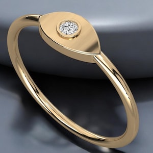 14k Solid Gold Evil Eye Diamond Dainty Ring, Evil Eye Diamond Stacking Ring for Her, Minimalist Evil Eye Diamond Ring, Gift for Her