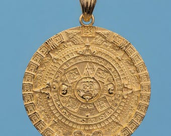 Solid Gold Aztec Mayan Sun Calendar Pendant, 26mm, 6.2g, Ancient Symbol Jewelry