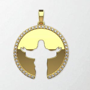 18K Solid Gold Round Jesus Diamond Pendant, 25mm Jesus Christ Pendant, Religious Christianity Pendant, Baptism Gift, Jesus Gold Pendant