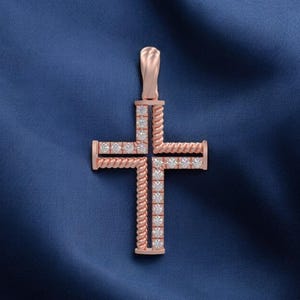 14k Solid Gold Rope Cross Diamond Pendant, Unique Look Rope Design Cross Pendant with Diamonds, Unisex Cross as gift, Gift for Her