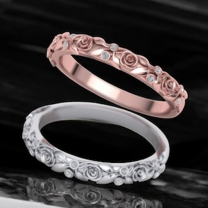 14k Solid Gold Rose Diamond Ring, 3mm Rose Design Gold Band with Diamonds, Gold Diamond Wedding Band for Her, Gift for Her