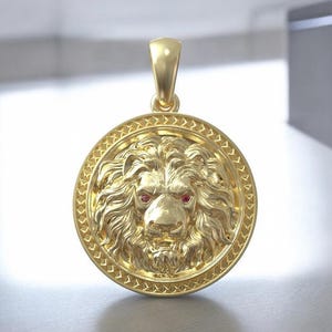 14K ソリッド ゴールド ラウンド ライオン ルビー アイ ペンダント、6.5 グラム 14K ゴールド アングリー ライオン ペンダント、ユニセックス ライオン ヘッド ペンダント、ゴールド アングリー ライオン ヘッド ペンダント