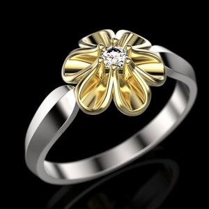 14k Solid Gold Diamond Flower Ring, Two Tone Flower Ring with Diamond, Gift for Her