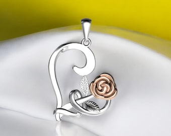 14k Solid Gold Heart and Rose Necklace, Two Tone Gold Rose Pendant for Her, Rose Necklace, 3D Rose Necklace for Her, Rose Gold Pendant Gift