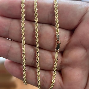 Solid 14K Yellow Gold Rope Chain Necklace, 22&quot; and 24&quot;, 3mm Thick, Real Gold Chain, Twisted Rope Chain, Twist Rope Chain, for Women and Men