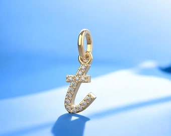 14k Solid Gold Initial t Diamond Charm Necklace, Initial Diamond Necklace for Her, Letter t Diamond Pendant, Bracelet/Pendant Charm Initial