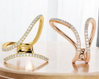 Anillo de mariposa de diamantes de oro macizo de 14k, anillo de diamantes de mariposa moderno para ella, anillo de declaración de diamantes, regalo para ella