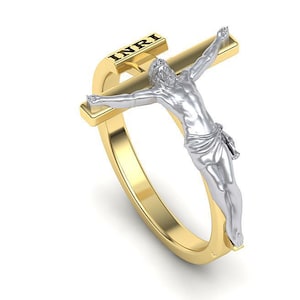 14k Solid Gold Jesus Christ Ring, Two Tone Jesus Ring, Jesus Cross Ring, Gift for Her