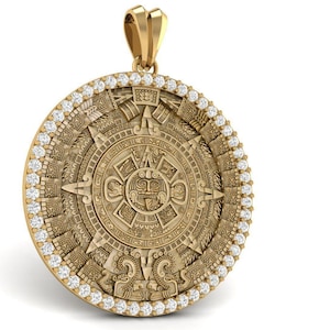 Colgante de calendario maya de diamantes, colgante de calendario maya de oro macizo de 18 k, colgante de calendario maya de diamantes redondos, colgante unisex redondo de 49 mm